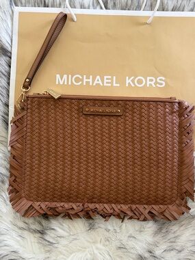 Michael Kors jet set Tan Woven leather large Fringe Clutch wristlet
